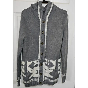 Eddie Bauer Women's Long Hooded Sweater Large Gray Geometric‎ Aztec Cardigan